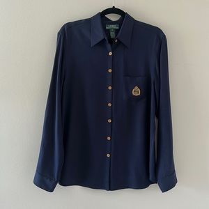 Lauren Ralph Lauren 100% Silk Button Up Long Sleeve Shirt Crest Embroidered Top